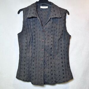 Daniel Laurent Black Eyelet Sleeveless Collared Button Down Blouse Sz M